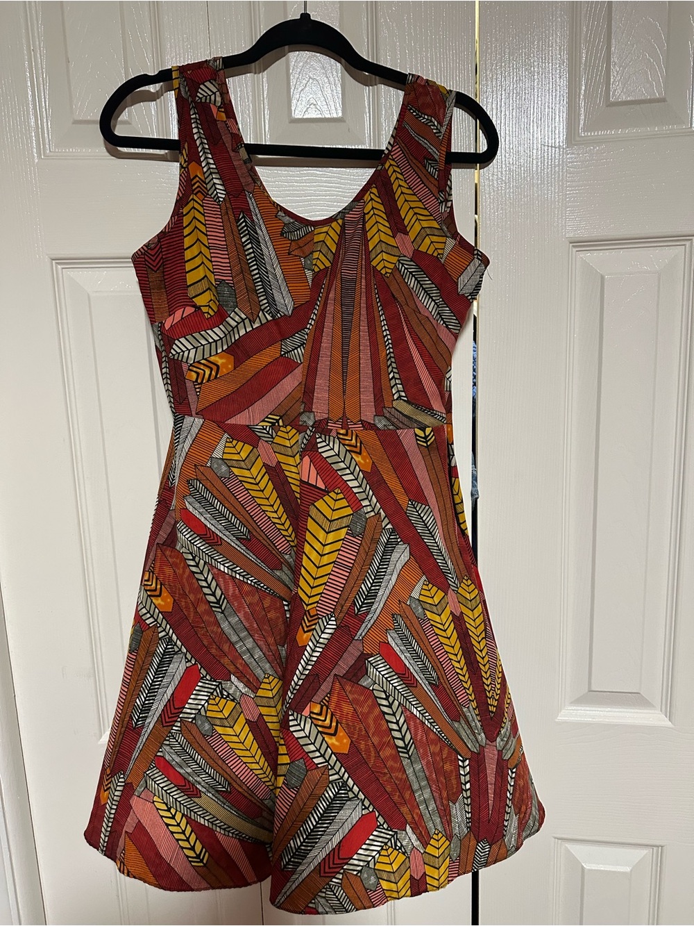 Angie Multicolor Leaf-Print Mini Dress in Rust, Yellow & Gray
